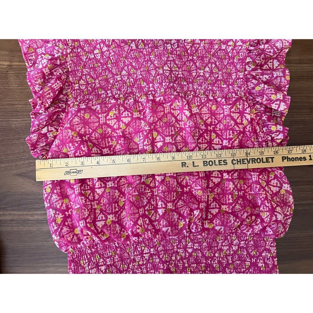Aqua Pink Smocked Ruffle Mini Dress Gold Dot Floral Sleeveless Size L - Picture 5 of 6